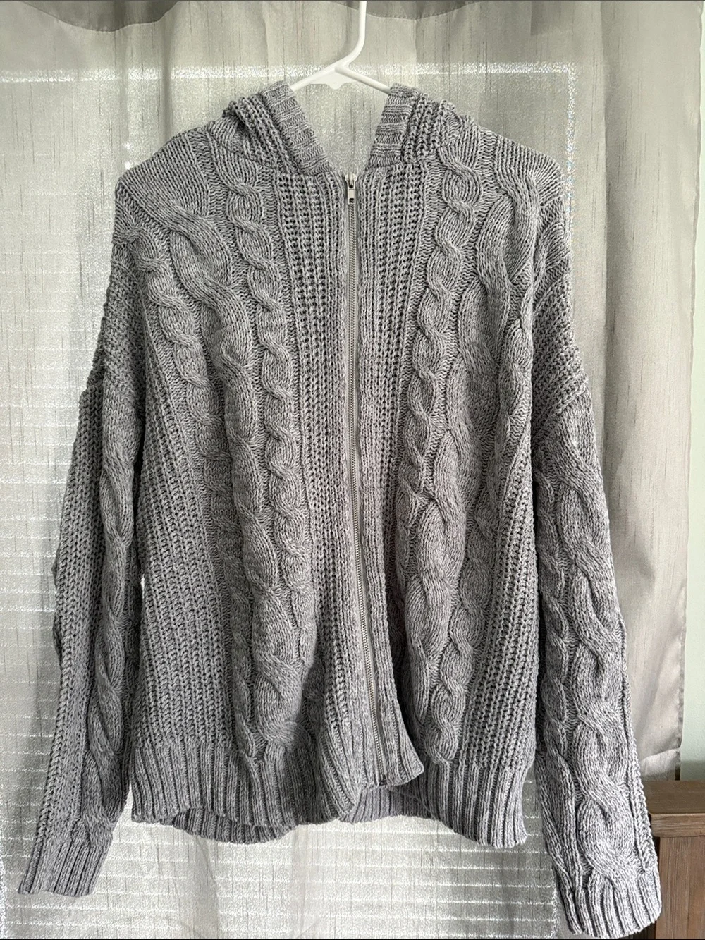 PacSun Gray Cable Knit Zip-Up Hoodie Sweater